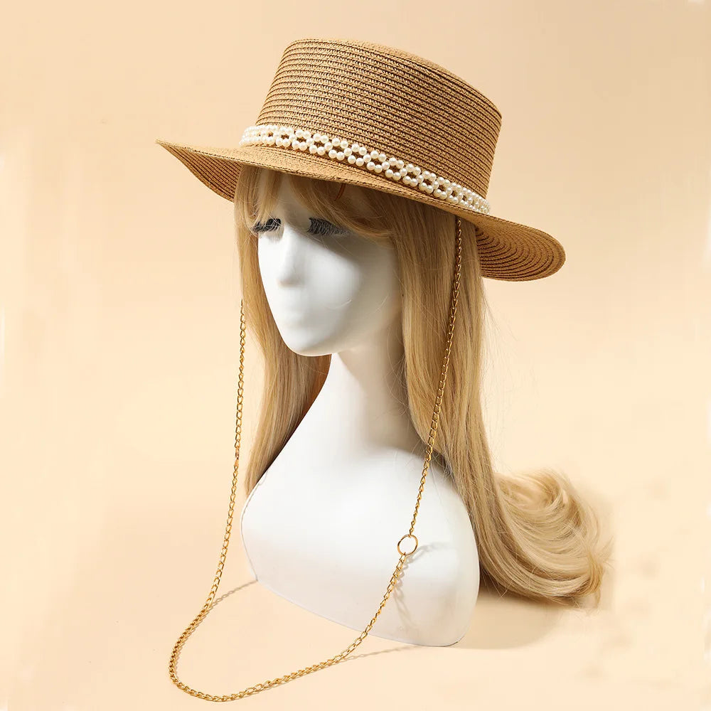 Chic Pearl Flat Top Straw Hat - Women's Summer Black Fashion Sun Hat