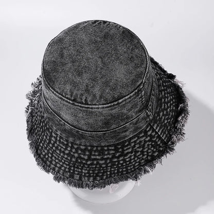 Retro Denim Bucket Hat Women Frayed Raw Hem Sun Caps