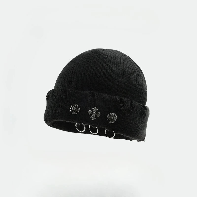 Street Hip-Hop Retro Cross Ring Perforated Woolen Hat For Women