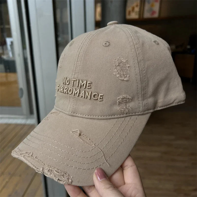 Distressed Women's Baseball Cap - Script Embroidery Washed Cotton Wide Brim Face Slimming Soft Sun Hat