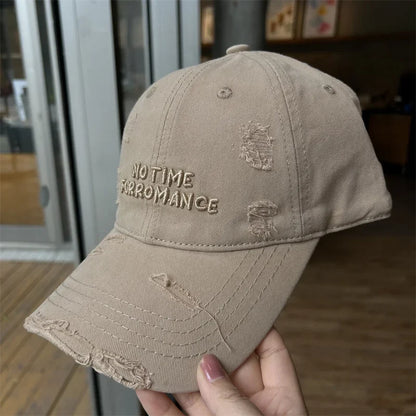 Distressed Women's Baseball Cap - Script Embroidery Washed Cotton Wide Brim Face Slimming Soft Sun Hat