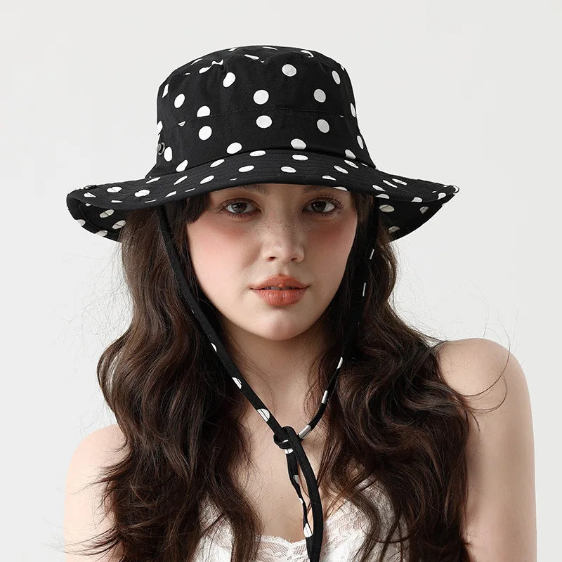 Women Versatile Sweet Lace-up Fisherman's Hat Black Dot Bucket Hats Summer