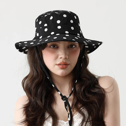 Women Versatile Sweet Lace-up Fisherman's Hat Black Dot Bucket Hats Summer