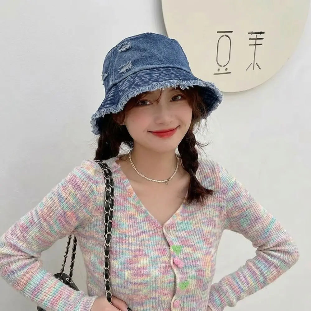 Fashion Washed Denim Bucket Hats Wide Brim Tassel Edge