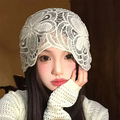 New Drawstring White Hollow Out Flower Bonnet Spring Women's Knitted