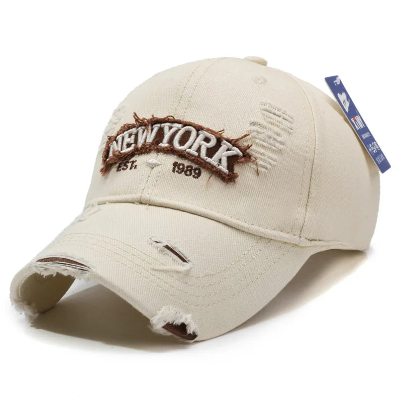 Letter New York Broken Hole Baseball Cap Washed Cotton