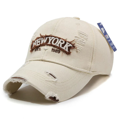 Letter New York Broken Hole Baseball Cap Washed Cotton