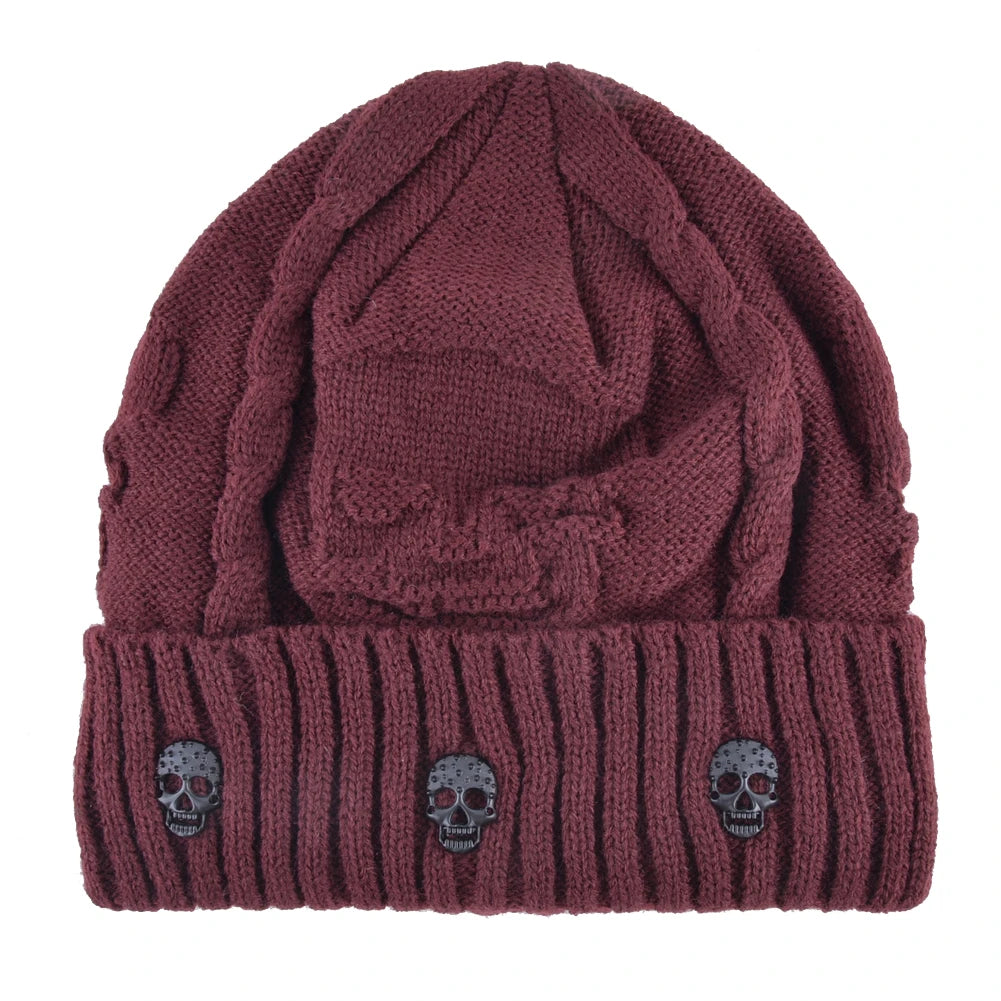 Winter Beanies Men Knitted Skull Pattern Solid Color Hat With Metal Skulls