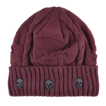 Winter Beanies Men Knitted Skull Pattern Solid Color Hat With Metal Skulls