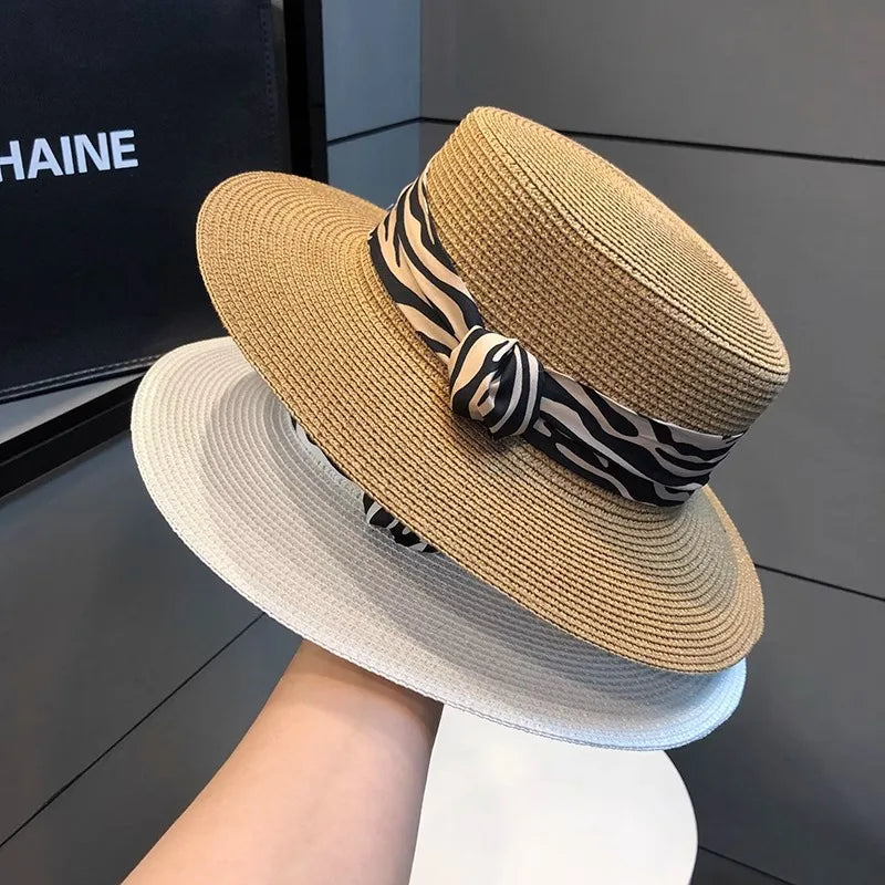 Women Summer French Retro Zebra Print Flat Top Straw Hat Outdoor Vacation Beach