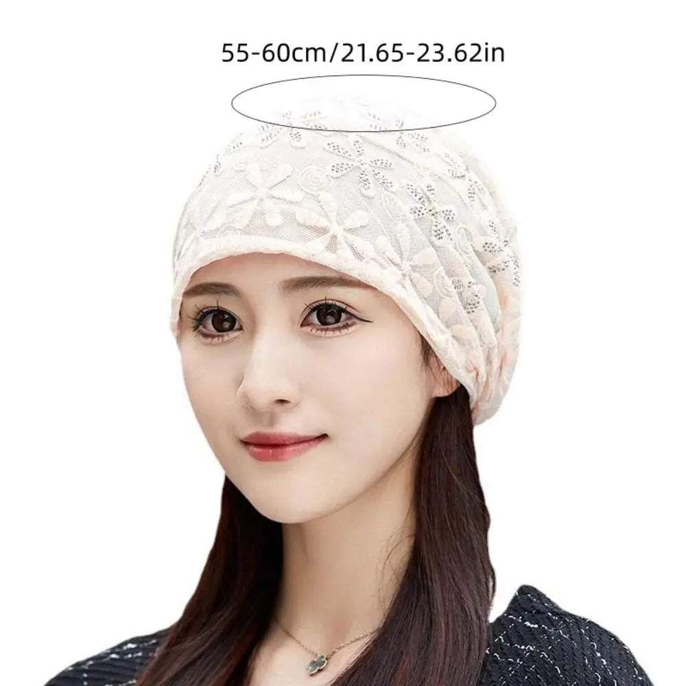 Lace Flower Beanies Cap Hollow Out Elegant Thin Crochet Slouchy Hat