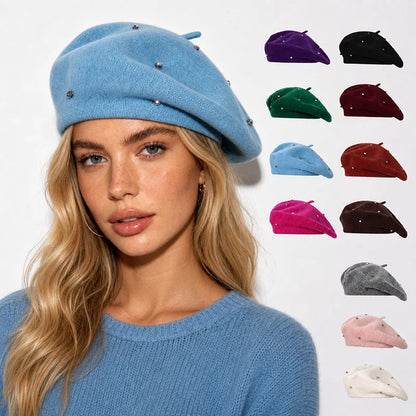 Rhinestone Women Beret Hat Autumn Winter Vintage French Artist Cap