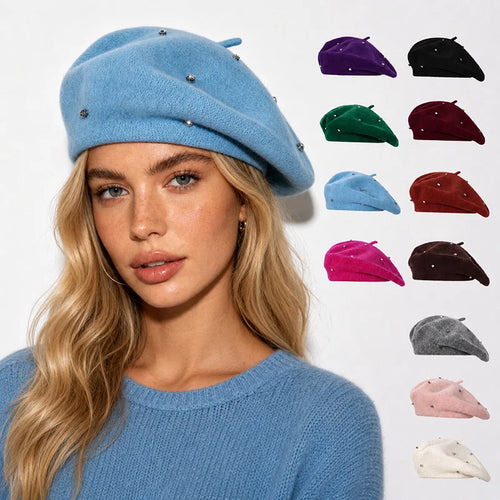Rhinestone Women Beret Hat Autumn Winter Vintage French Artist Cap
