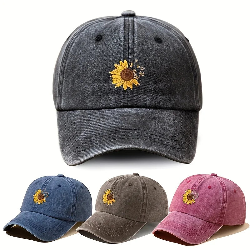 Sunflower Printed Baseball Cap with Retro Washed  for Both Men and Women