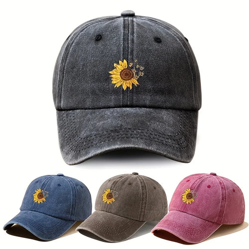 Sunflower Printed Baseball Cap with Retro Washed  for Both Men and Women