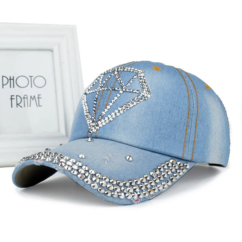 New Women Washed Denim Rhinestone Crown Baseball Cap