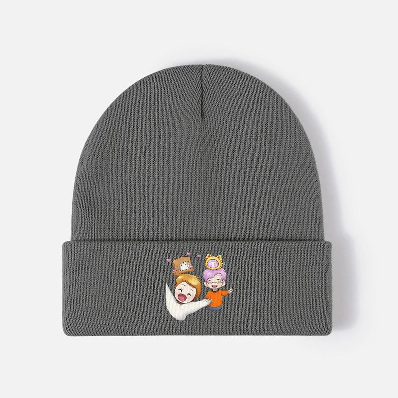 Cute Cartoon Friends Black Ribbed Knit Beanie Hat