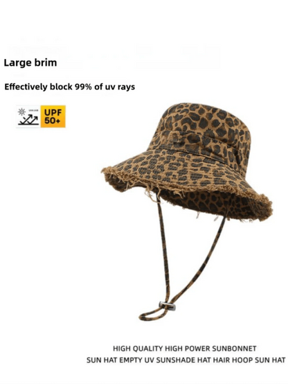 Retro Washed Rough Edge Leopard Women Drawstring Bucket Hat