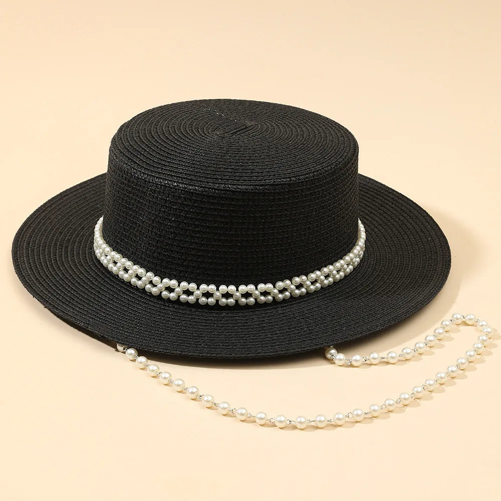 Chic Pearl Flat Top Straw Hat - Women's Summer Black Fashion Sun Hat