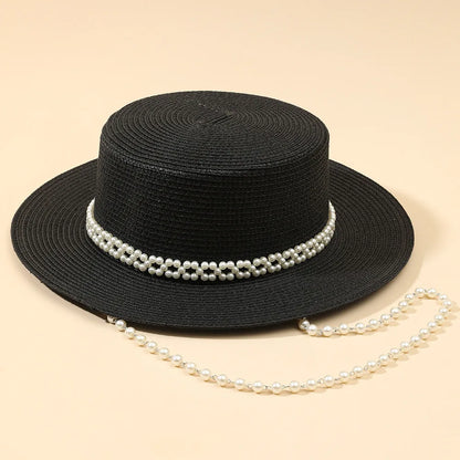 Chic Pearl Flat Top Straw Hat - Women's Summer Black Fashion Sun Hat