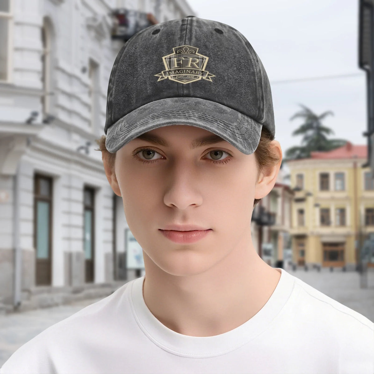 Vintage Washed Baseball Cap Unisex Distressed Snapback Hat Grey Gold Embroidered Shield Adjustable Hat