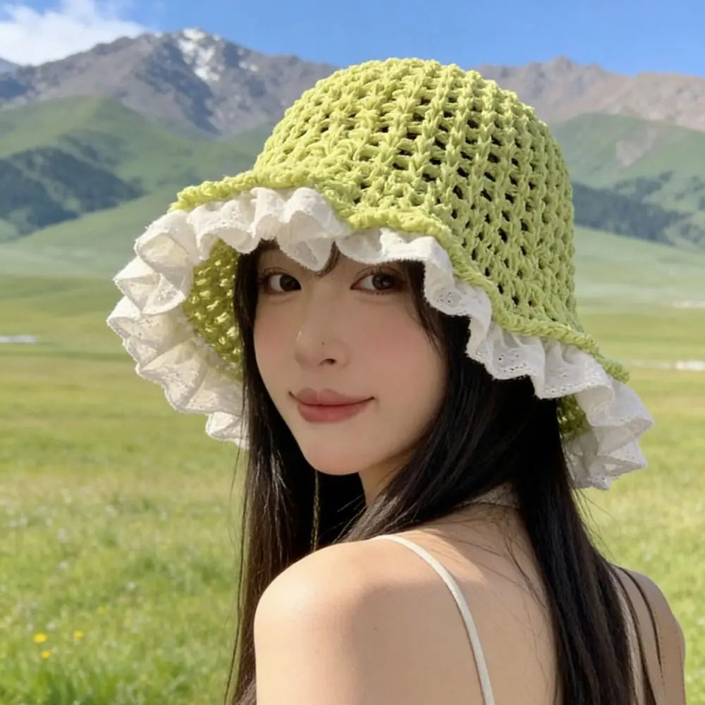 Fashion Lace Fisherman Hat Wide Brim Breathable Woven Hat
