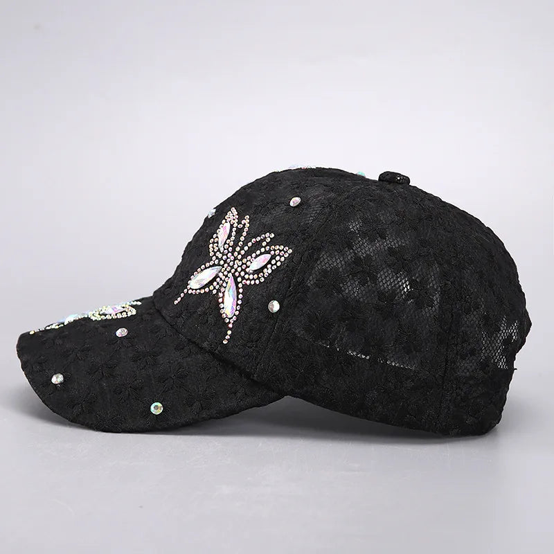 Summer Lace Flowers Baseball Caps For Women Butterfly Rhinestone