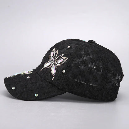 Summer Lace Flowers Baseball Caps For Women Butterfly Rhinestone