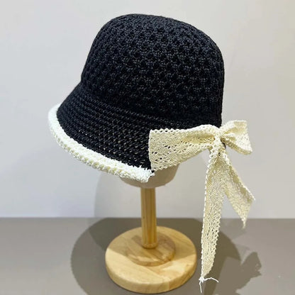 Temperament Knitted Bucket Hat Breathable French Style Bow Fisherman Hat