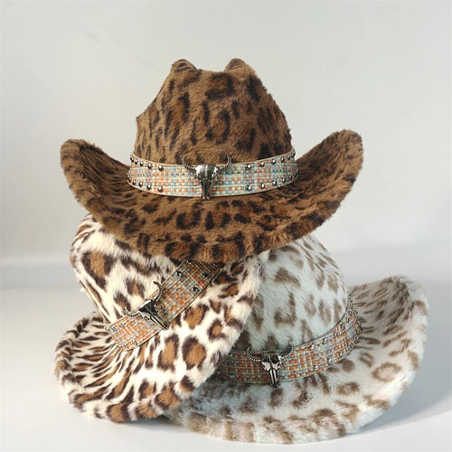 Leopard Print Rabbit Fur Western Cowboy Fedora Hat