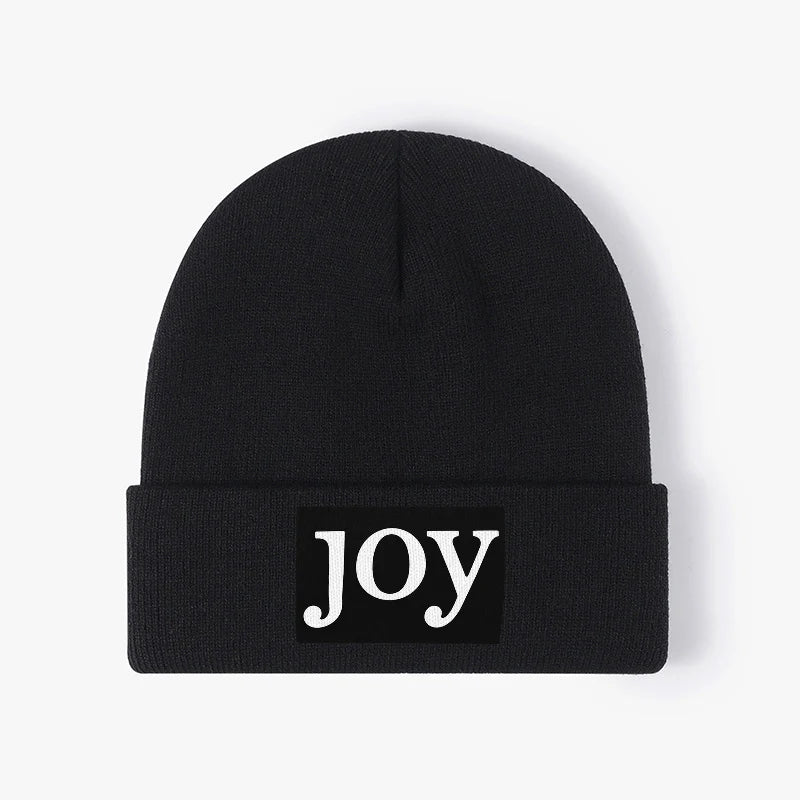 Joy Letter Patch Black Knitted Beanie Unisex Cuffed Winter Hat
