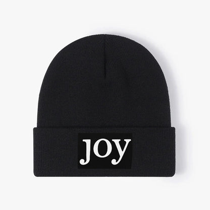 Joy Letter Patch Black Knitted Beanie Unisex Cuffed Winter Hat
