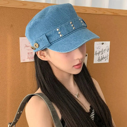 Personality Cloth Rivet Denim Beret Y2k Washed Denim Equestrian Hat