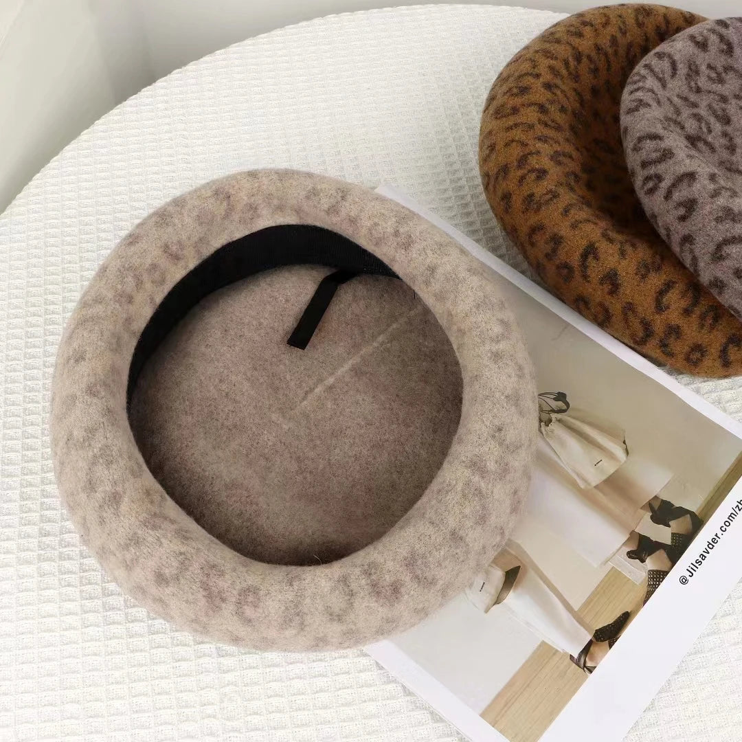 New 4 Colors Leopard Winter Beret Female Cap