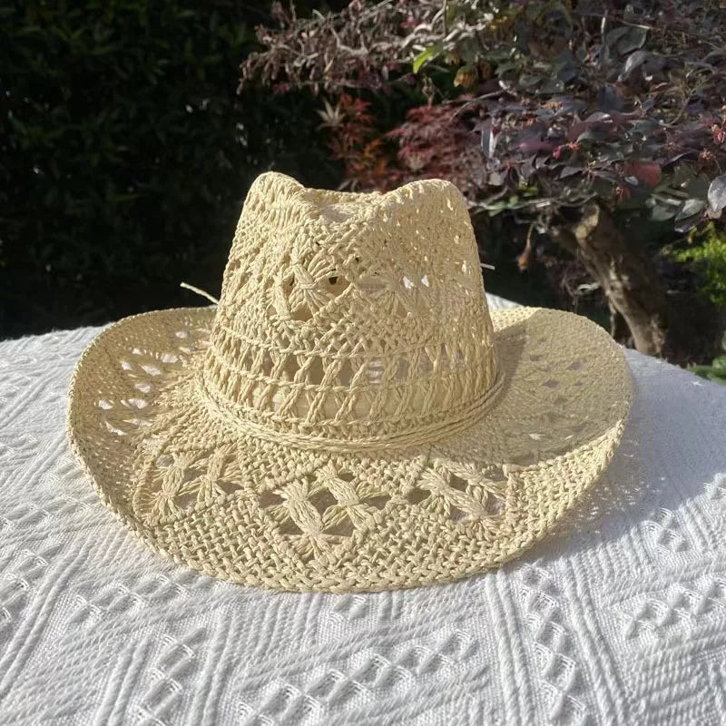 Western Cowboy Straw Hat Women Fashion Large Brim Straw Hat Breathable Outdoor