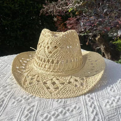 Western Cowboy Straw Hat Women Fashion Large Brim Straw Hat Breathable Outdoor