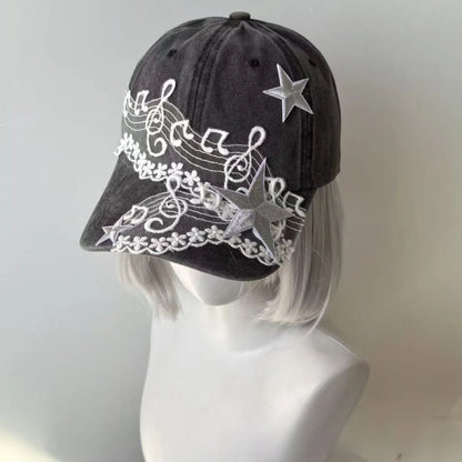 Y2K Musical Note Star Embroidery Lace Baseball Caps