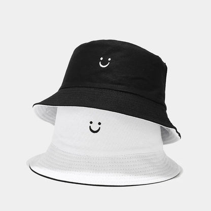 Unisex Bucket Hat Smile Face Embroidery Double Sided Wear Visor Cap