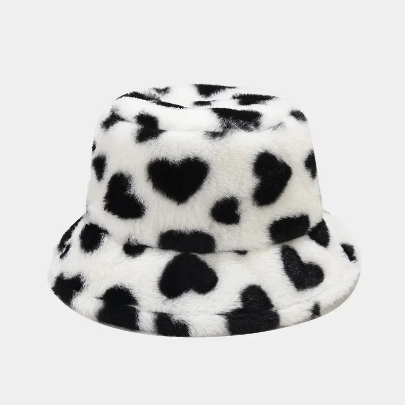 Winter Heart Print Faux Fur Fluffy Bucket Hat Women Outdoor