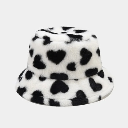 Winter Heart Print Faux Fur Fluffy Bucket Hat Women Outdoor