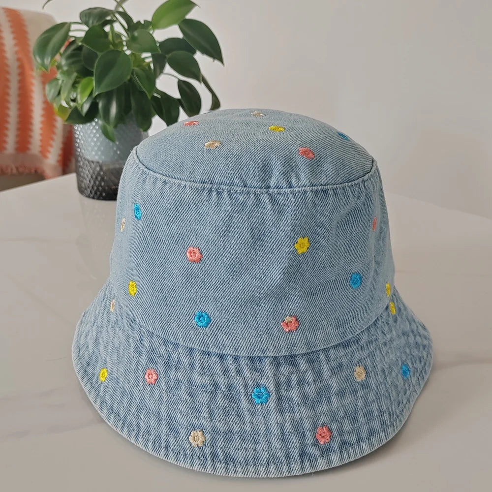 Embroidery Little Flower Washed Denim Summer Bucket Hat