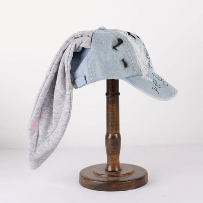 New MinJi Haerin Omg Stage Long Rabbit Ear Hat Y2k Style Denim Blue Baseball Cap