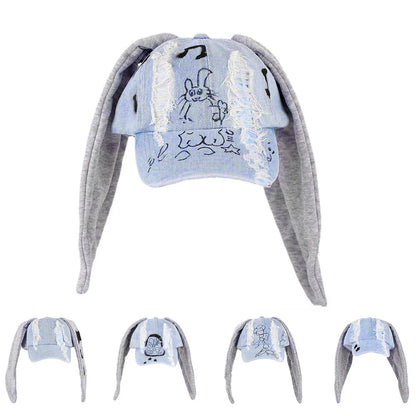New MinJi Haerin Omg Stage Long Rabbit Ear Hat Y2k Style Denim Blue Baseball Cap