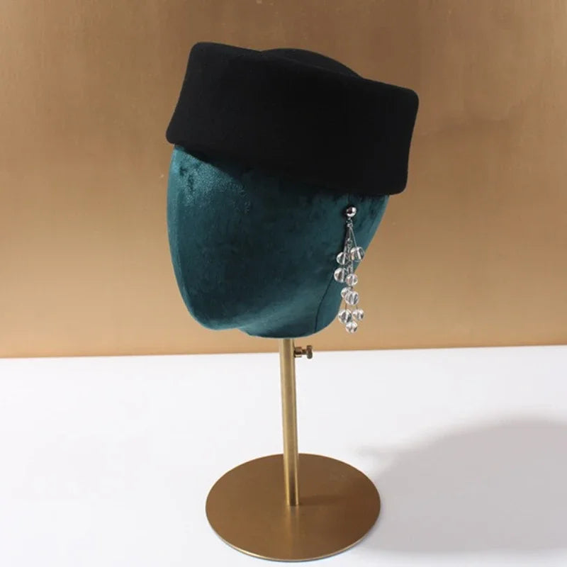 Women Wool Felt Berets Hat Vintage Hard Top Concave Top Fedoras Hats