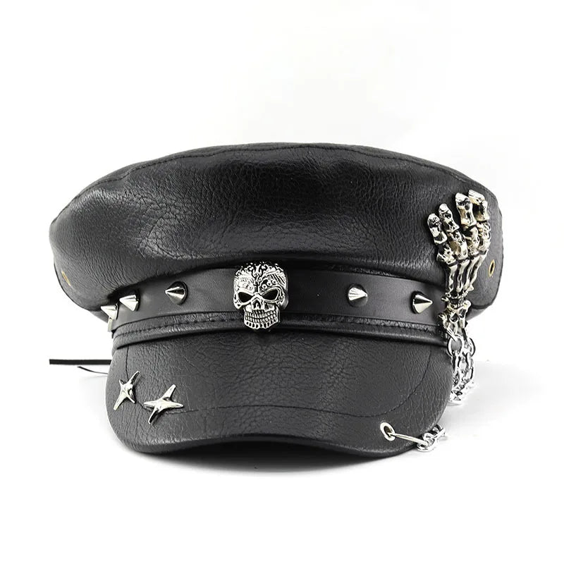 Fashion PU Leather Women Beret Punk Style Vintage Flat Top Military Caps