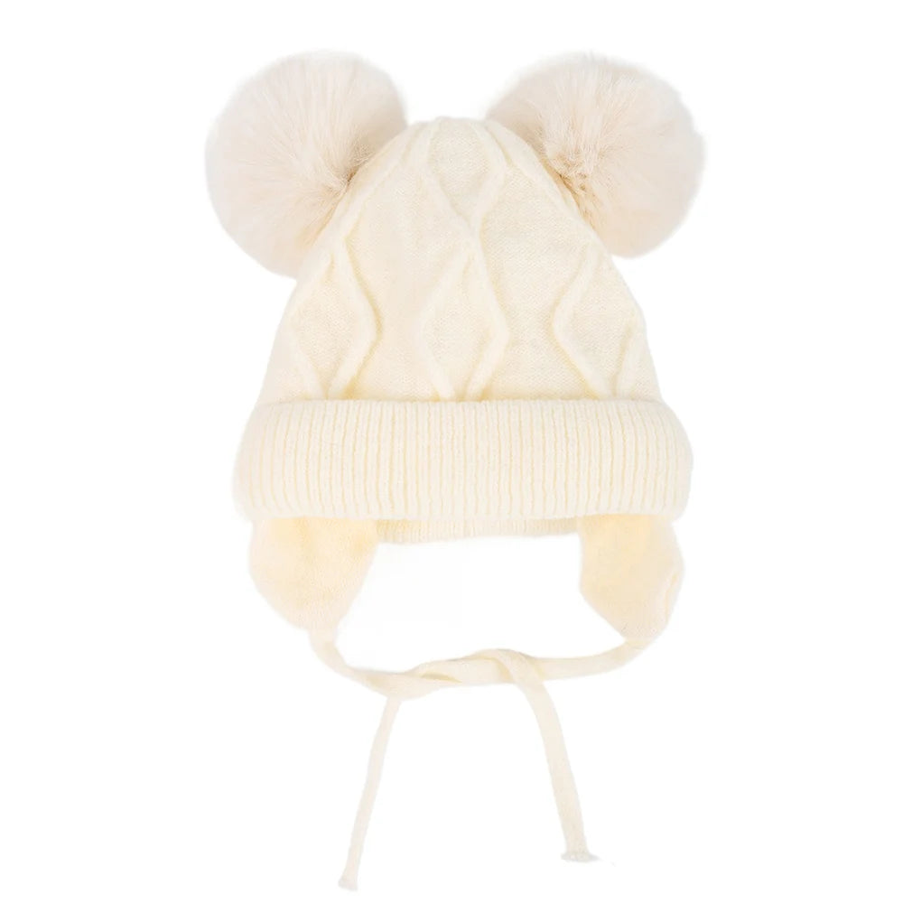 New Autumn Winter Double Ball Knitted Baby Hat For Girls Boys Baby, Ear Protection Hat