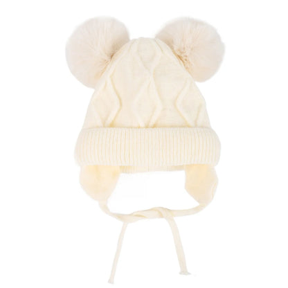 New Autumn Winter Double Ball Knitted Baby Hat For Girls Boys Baby, Ear Protection Hat