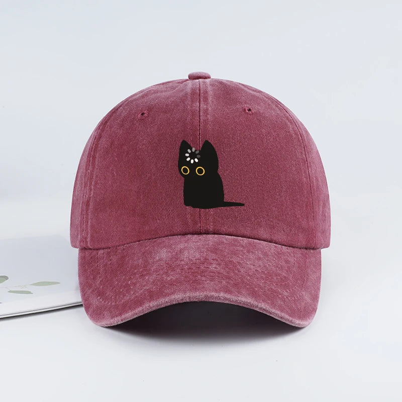Cute Black Cat Print Washed Baseball Cap Soft