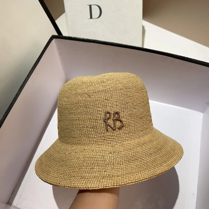 New Designer Raffia Straw Bucket Hat Women Beach Hat Female Korean Travel Sun Protection Breathable Fisherman Hat