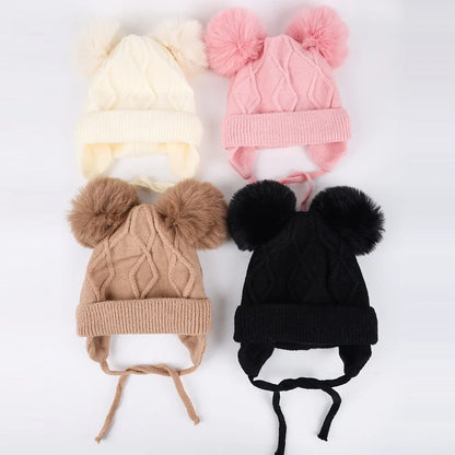 New Autumn Winter Double Ball Knitted Baby Hat For Girls Boys Baby, Ear Protection Hat